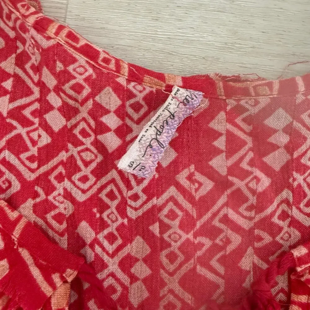 Free People Pintuck Marlow Swing Dress Tunic Red Cream Orange Size Small